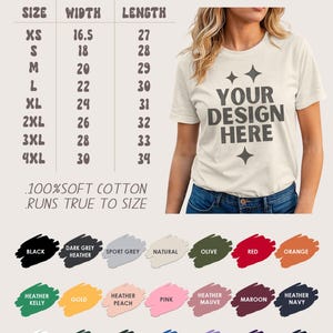 May include: Cream Bella Canvas t-shirt with the text "YOUR DESIGN HERE" and a size chart. The chart lists sizes XS to 4XL, with widths from 41.9 to 76.2 cm and lengths from 68.6 to 86.4 cm. Colour swatches are displayed below.
