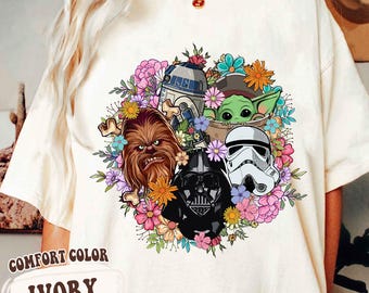 Cute Star Wars Characters Floral Wreath Pastel T-shirt, Disney Grogu Chewbacca And Stormtrooper Shirt, Galaxy's Edge Outfit, Star Wars Gift