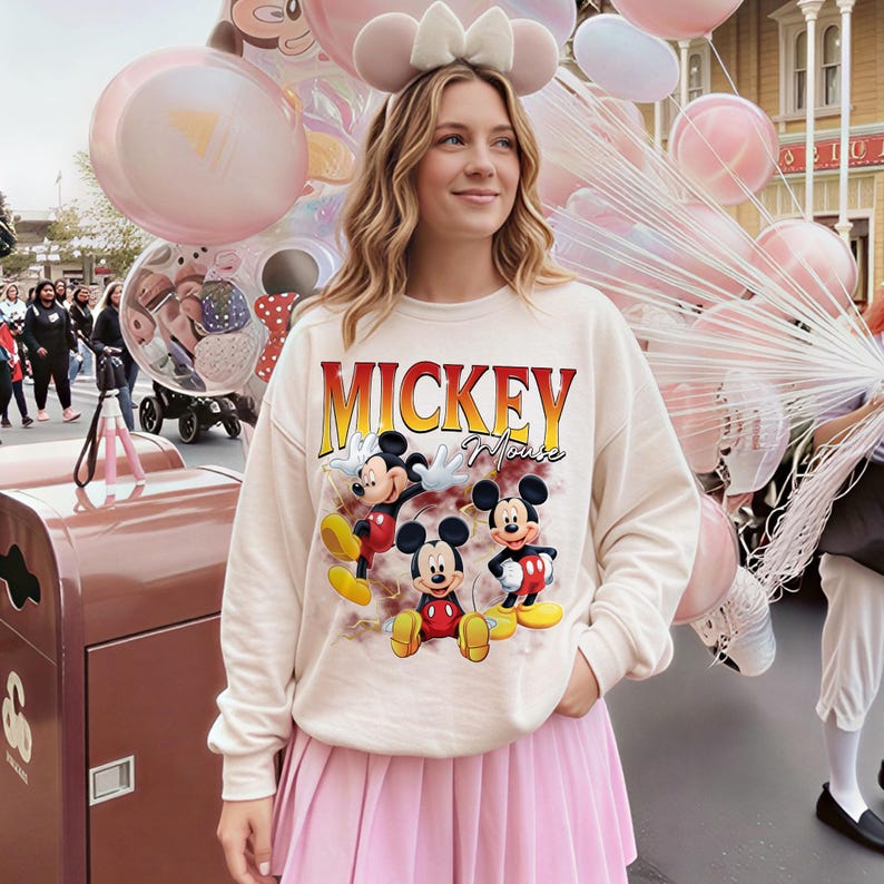May include: A cream-coloured sweatshirt featuring the word "Mickey" in a retro font and three Mickey Mouse illustrations. The person is wearing a pink pleated skirt and Mickey Mouse ears. Pink balloons are in the background.