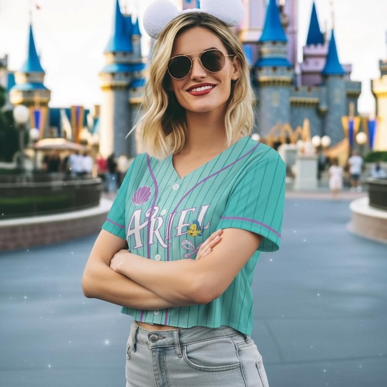 Princess Ariel And Flounder Sebastian Crop Top Baseball Jersey, Disney Little Mermaid Coquette Bow Cropped Shirt, Outfit For Baseball Girl image 3