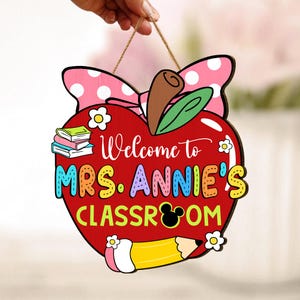 Custom Disney Teacher Welcome Wood Sign, Minnie Bow Teacher Apple Wood Door Hanger, Welcome Teacher Appreciation, Disney Teacher Gift