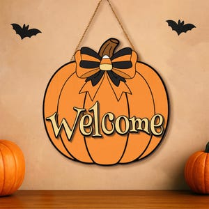 2 Layer Pumpkin Welcome Wood Sign, Thanksgiving Door Hanger Wooden, Hanging Sign For Autumn Harvest, Thanksgiving Farmhouse Wall Decoration