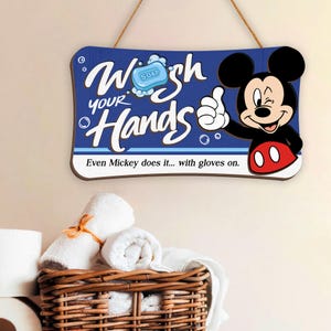 2 Layer Funny Disney Mickey Mouse Wash Your Hands Wood Sign,  Bathroom Funny Restroom Wall Art, Guest Bath Wall Decor