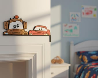 Disney Cars Peekaboo Peeking Peeker Door Corner Sign, Lightning Mcqueen Tow Mater Wooden Door Topper, Disney Home Decor, Kid Room Decor