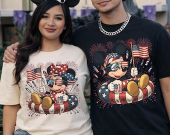 Funny Mickey and Minnie Mouse Patriotic Fireworks T-Shirt, Disney USA 250th Anniversary Shirt, Independence Day Gift, Couple Matching Tee