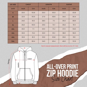 以下が含まれることがあります： 総柄プリントのジップアップフーディーのサイズチャート。チャートは、胸囲、着丈、袖丈のインチとセンチメートルで測定値を示しています。サイズはSから5XLまでです。