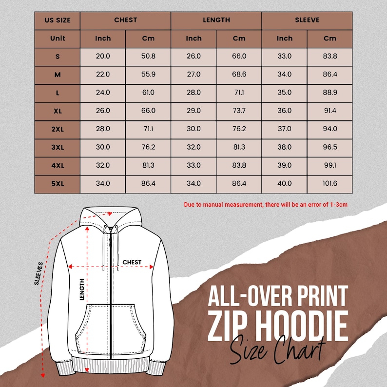 以下が含まれることがあります： 総柄プリントのジップアップフーディーのサイズチャート。チャートは、胸囲、着丈、袖丈のインチとセンチメートルで測定値を示しています。サイズはSから5XLまでです。