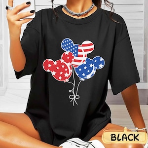 Mickey Balloon USA Flag T-shirt, 4th of July Patriotic Disney Tee, Red White Blue Stars, Independence Day 2025 Gift, Disneyland Trip Outfit