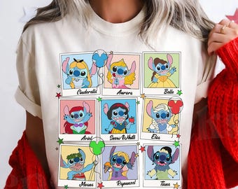 Disney Stitch Princess Polaroid T-shirt, Cute Funny Stitch Dressed As Princesses Tee, Disneyland Family Trip Matching 2025, Stitch Fan Gift