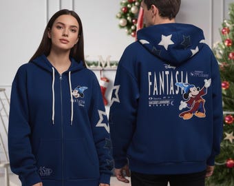 Retro Fantasia Mickey Stars All Over Print Zip Hoodie, Sorcerer's Apprentice 3D Hoodie, Disney Fantasia Outfit, Disneyland Trip Outfit