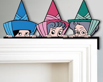 Cute Peekaboo Three Fairies Door Corner Sign, Disney Peeking Peeker Flora Fauna Merryweather Door Sign, Disney Sleeping Beauty Wall Decor