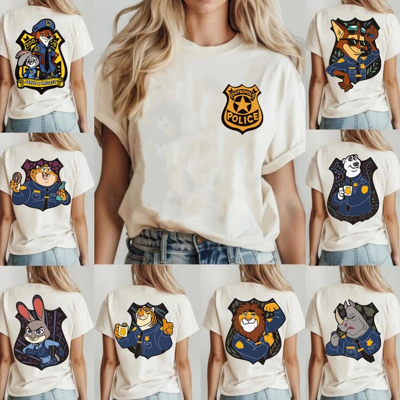 May include: Cream-coloured t-shirts with various Zootopia police character designs. One shirt's front displays a Zootropolis Police badge. The backs of the shirts showcase cartoon characters like a fox, bunny, and tiger in police uniforms.