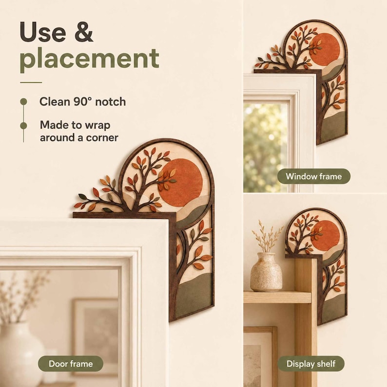 May include: A wooden corner wall decor piece featuring a 90-degree notch designed to wrap around frames. The design includes a dark brown tree silhouette with orange and green leaves, a large orange sun, and layered green hills on a cream background.
