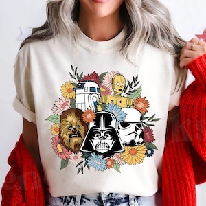 Star Wars Floral Characters T-shirt, Darth Vader R2D2 C3PO Chewbacca Stormtrooper Tee, Star Wars Day 2025, Hollywood Studio Galaxy&#39;s Edge