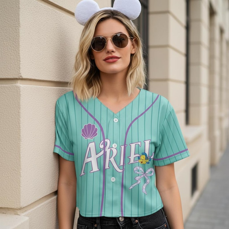 Princess Ariel And Flounder Sebastian Crop Top Baseball Jersey, Disney Little Mermaid Coquette Bow Cropped Shirt, Outfit For Baseball Girl image 1