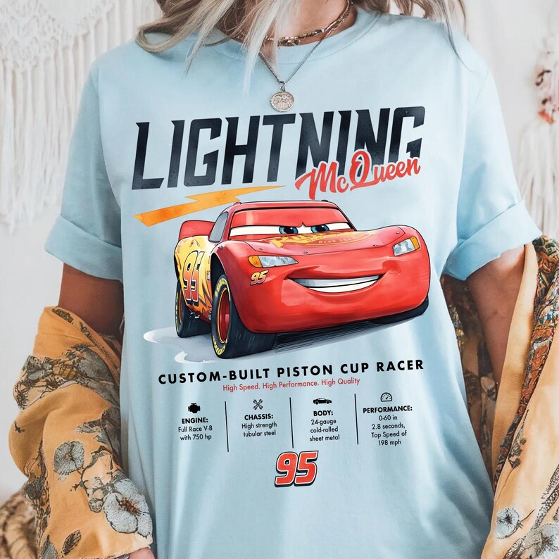 Puede incluir: Camiseta azul claro con un dise&ntilde;o de Rayo McQueen de la pel&iacute;cula Cars. El dise&ntilde;o incluye el texto "LIGHTNING McQueen" y "95", adem&aacute;s de las especificaciones del coche. La camiseta es un custom-built piston cup racer.
