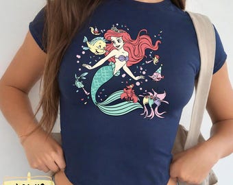 Disney The Little Mermaid Ariel Baby Tee, Flounder Sebastian Cropped Shirt, Princess Mermaid Cropped Tank Top, Under The Sea Trip Outfit