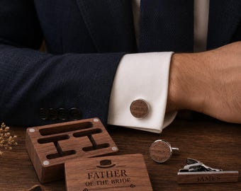 Custom Father Of Bride Cufflinks And Tie Clip Set, Personalized Father Wooden Tie Clip, Wedding Cufflinks Souvenir, Gift For Him