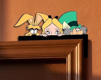 Wonderland Friends Door Topper, Cute Rabbit Girl And Hatter Wall Decor, Whimsical Storybook Shelf Sitter Gift