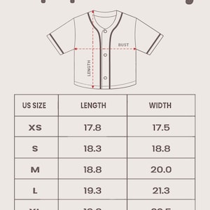 May include: Size chart for a crop top baseball jersey. The chart shows the US size, length in inches, and width in inches. Sizes include XS, S, M, L, and XL.