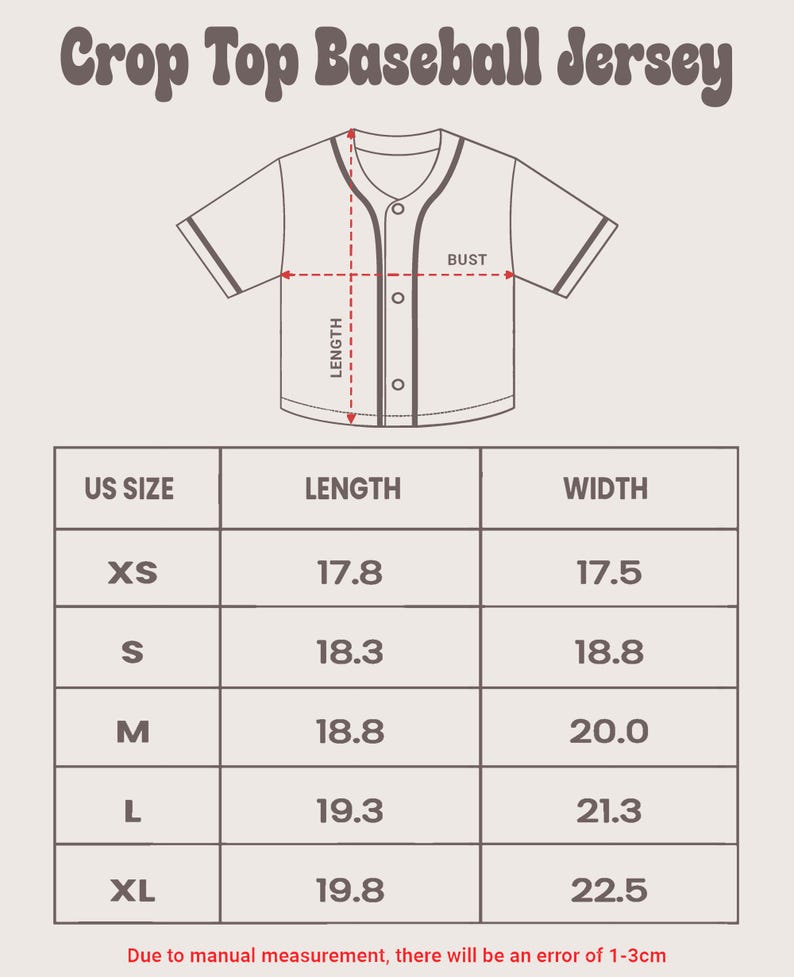 May include: Size chart for a crop top baseball jersey. The chart shows the US size, length in inches, and width in inches. Sizes include XS, S, M, L, and XL.
