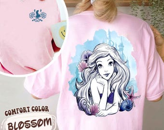 Two Sided Disney The Little Mermaid Princess Ariel Shirt, Disney Princess Ariel Blue Castle Tee, Disneyland Princess Girl Matching Trip