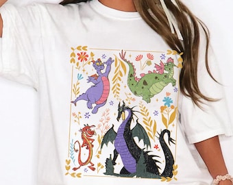 Camiseta vintage del grupo de dragones de Disney con temática botánica, camiseta de Figment Mushu de Maléfica, camiseta para el viaje a Disneyland 2026, atuendo para Magic Kingdom.