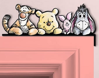 Cute Peekaboo Winnie The Pooh Door Corner Sign, Disney Peeking Peeker Pooh And Friends Wooden Door Topper, Disney Home Decor, Kid Room Decor