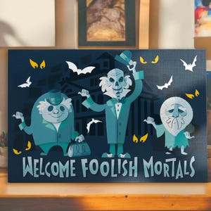 Disney Haunted Mansion Hitchhiking Ghosts Poster, Welcome Foolish Mortals Canvas Wall Art, Halloween Poster, Wall Art Home Decor