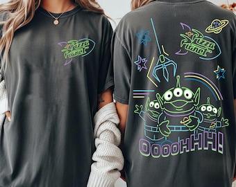 Camiseta retro de neón de dos caras con diseño de Pizza Planet Oooohhh, camiseta con gráfico de extraterrestre de Toy Story de Pixar, atuendo de Toy Story de Disney, camiseta de viaje a Disneyland