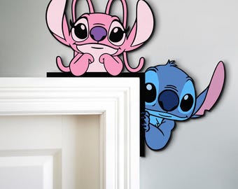 Disney Peeking Peeker Lilo And Stitch Door Corner Sign, Stitch And Angel Wood Topper, Disney Kid Room Decor, Gift For Stitch Lover