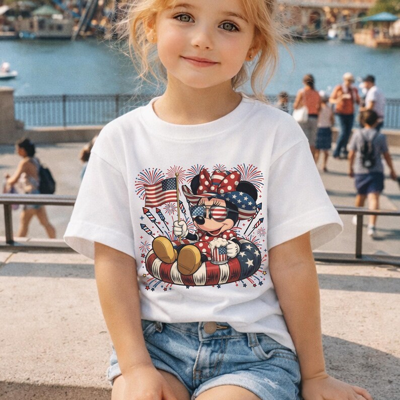May include: A young girl wearing a white t-shirt with a graphic of Minnie Mouse in patriotic attire. Minnie is holding an American flag and a mug, surrounded by fireworks. She is wearing sunglasses with the American flag design.