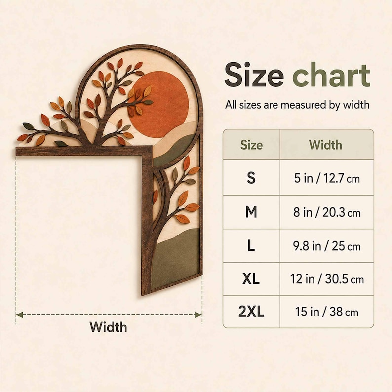 May include: An L-shaped wooden corner wall decor piece featuring a tree with orange, brown, and green leaves against a sunset background. A size chart displays widths ranging from 5 inches to 15 inches for sizes S through 2XL, indicating measurements.