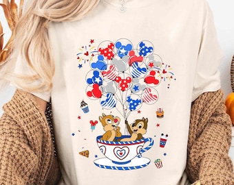 Disney Chip and Dale Teacup 4th of July Shirt, Patriotic Mickey Balloons Tee, Red White Blue  T-shirt, Independence Day Gift, Disney Trip