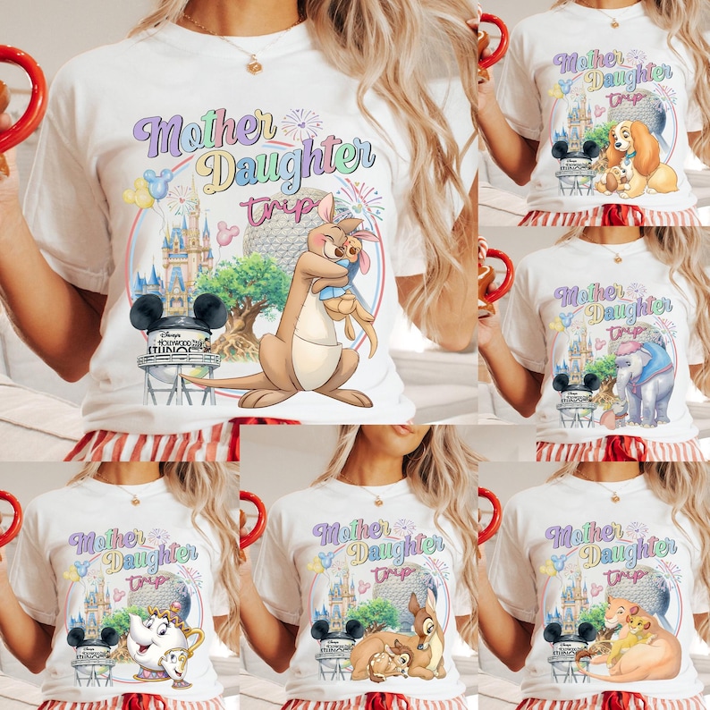 May include: White t-shirts with colourful graphics featuring the text "Mother Daughter Trip" and Disney characters. Designs include a kangaroo, Lady and the Tramp, Dumbo, Belle and Chip, Bambi, and Simba.