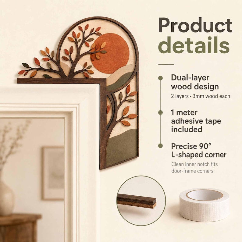 May include: An L-shaped wooden corner decor piece featuring a tree with orange, brown, and green leaves, a large orange sun, and rolling hills. Text includes Product details, Dual-layer wood design, 2 layers 3mm wood each, 1 meter adhesive tape included, and Precise 90 degree L-shaped corner.