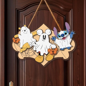2 Layer Pooh Mickey Stitch Boo Wood Sign, Cute Disney Halloween Ghost Wood Sign, Fall Trick or Treat Door Hanger, Thanksgiving Sign Decor