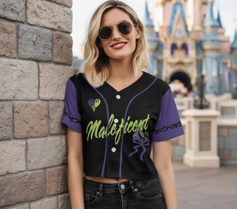Maleficent Crop Top Baseball Jersey, Disney Sleeping Beauty Coquette Bow Cropped Shirt, Disneyland Villains, Disney Baby Tee Baseball Fans image 1