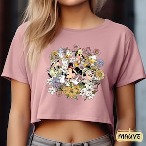 Disney Floral Watercolor Mickey and Friends Baby Tee, Safari Mode Cropped Shirt, Animal Kingdom, WDW Disneyland Family Trip Matching 2025