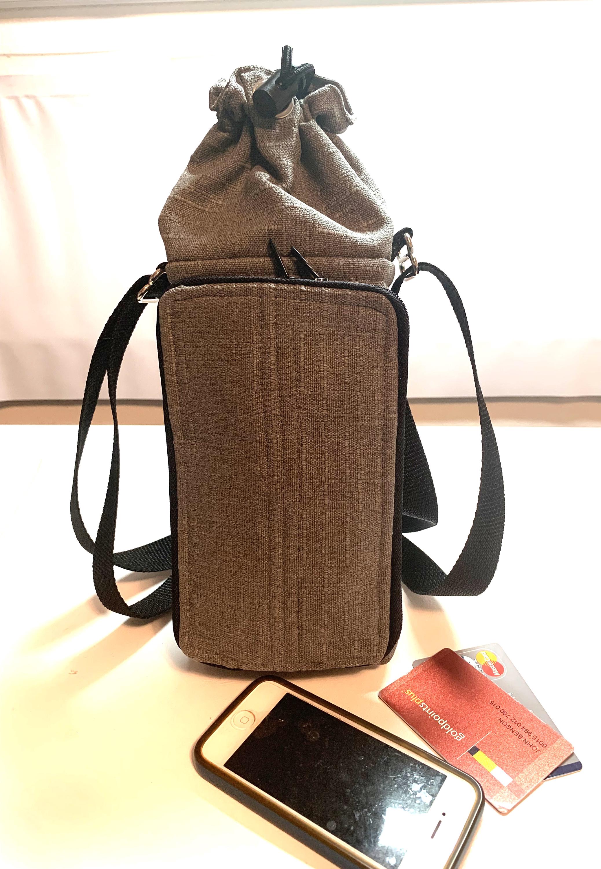 Water bottle carrier - gray linen with drawstring top