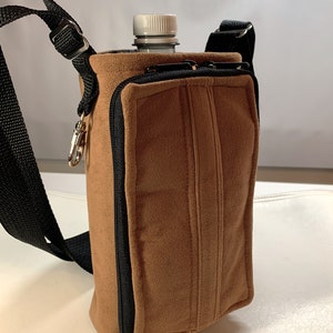 Water bottle carrier - bronze colored suedecloth