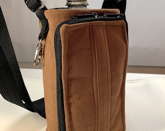 Water bottle carrier - bronze colored suedecloth