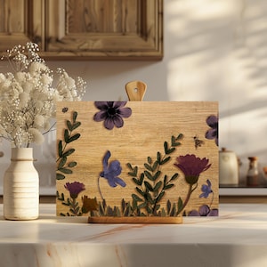 Glass Cutting Board, Tempered Glass Cutting Board, Wood Look, Kitchenware, Housewarming Gift, Pressed Dry Flowers Look, Kitchen Decoration