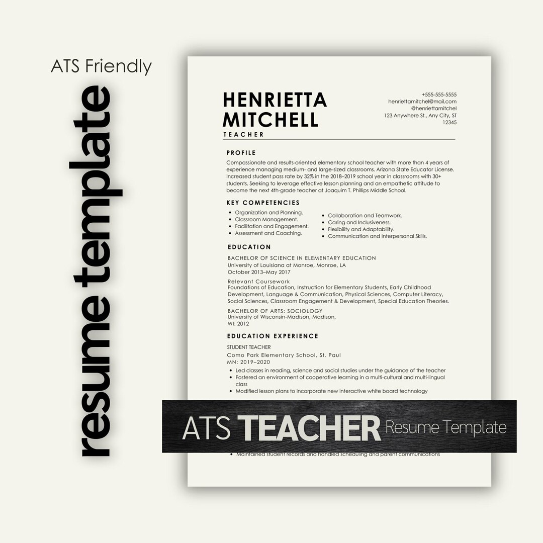 ATS Resume Template for Teacher, ATS Friendly Resume Template, ATS