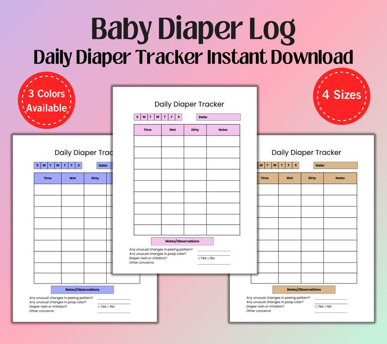 Diaper Tracker Printable, Daily Baby Diaper Changing Log, Infant Diaper ...