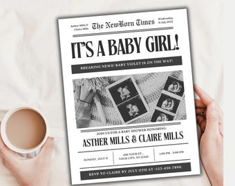 Zeitung Baby Ankündigung, Schwangerschaft offenbaren Zeitung, Babyparty einladen Vorlage druckbare, neues Baby Geschlecht bearbeitbare Ankündigung Canva