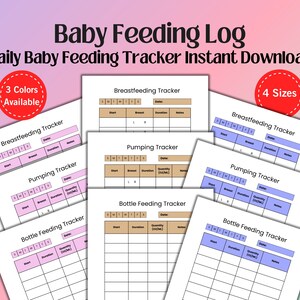 Op de afbeelding: Afdrukbare babyvoedingslogtracker in vier formaten en drie kleuren. De tracker bevat secties voor borstvoeding, kolven en flesvoeding. Elke sectie heeft kolommen voor datum, starttijd, duur, borst en hoeveelheid in ounces.
