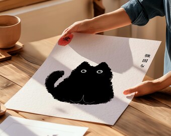 黒猫の水墨画｜日本のアート「愛は強い」（デジタルダウンロード