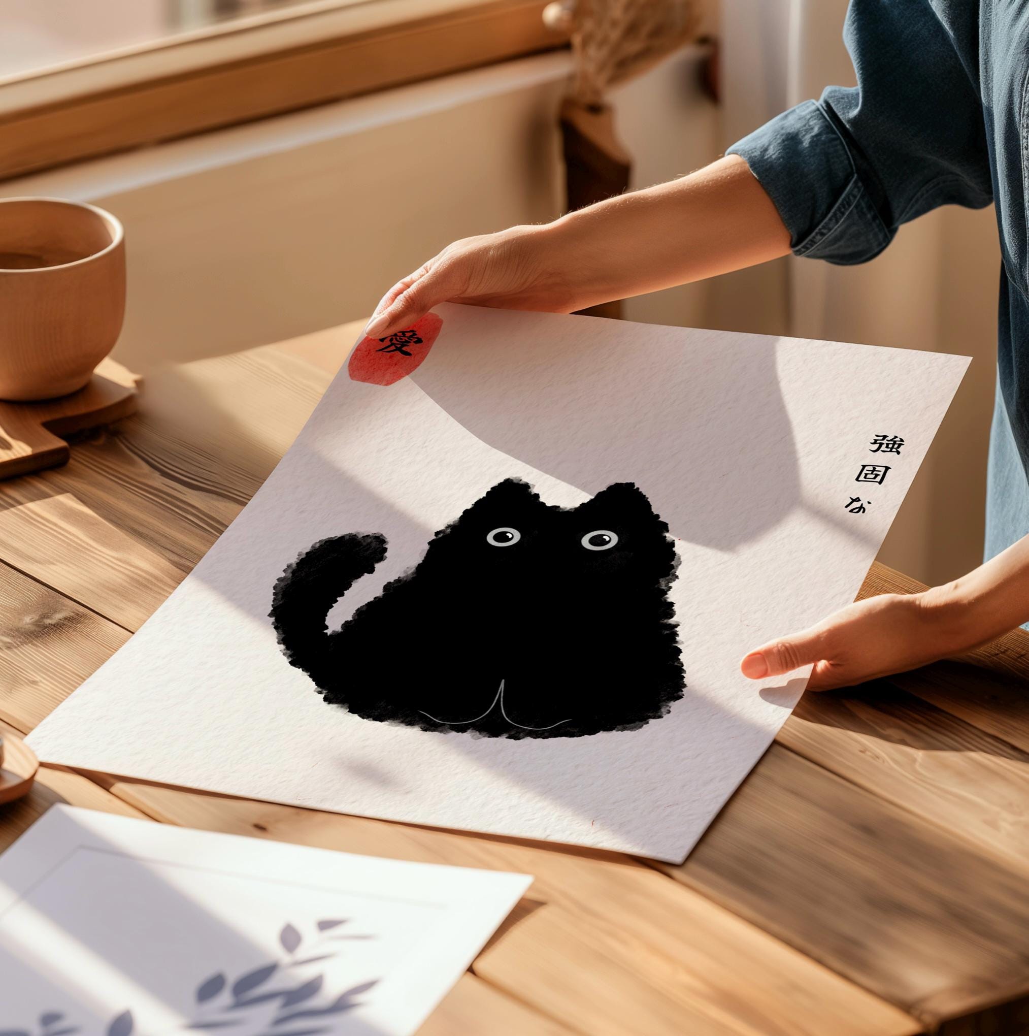 黒猫の水墨画｜日本のアート「愛は強い」（デジタルダウンロード