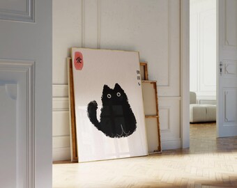 黒猫の水墨画｜日本のアート「愛は強い」（デジタルダウンロード